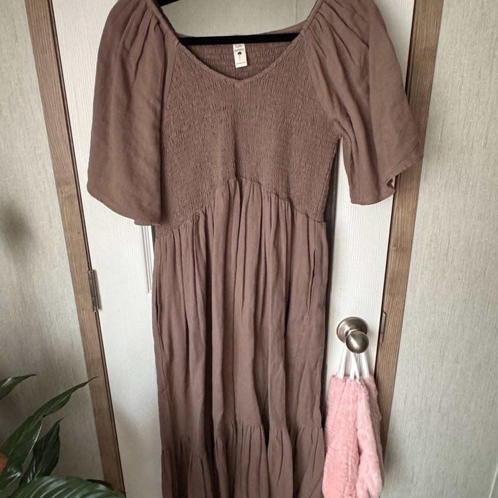 Kate Quinn Brown Cotton Gauze Rosette Midi Dress